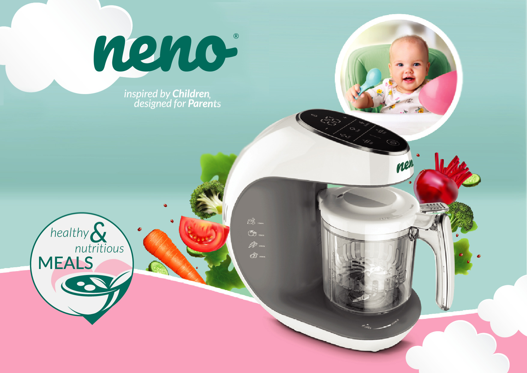 Neno Cibo - блендер за приготвяне на бебешка храна, със зеленчуци и плодове и малко дете на заден план